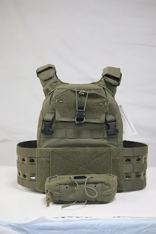 A custom tactical vest in green, featuring MOLLE webbing and adjustable straps