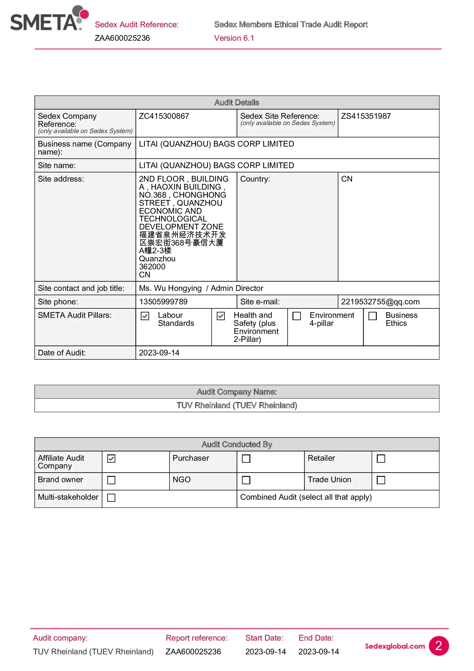 Informe de auditoría sobre comercio ético de los miembros de SEDEX 2