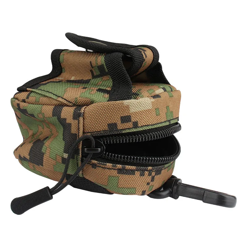 Camo pouch with a partially open zipper, featuring a top handle and durable fabric for secure storage and easy access to small items.