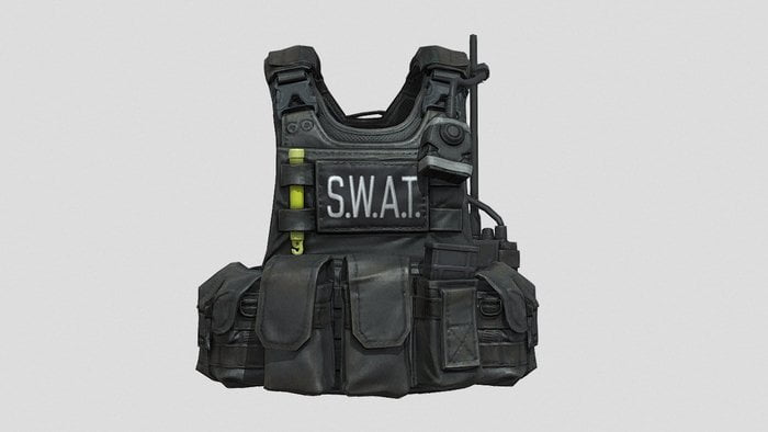 Portapiatti tattico SWAT nero con tasche e attacchi, con scritta in evidenza 'S.W.A.T.' sulla parte anteriore.