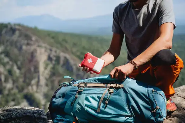 Take a first-aid kit in a backpack on a trip